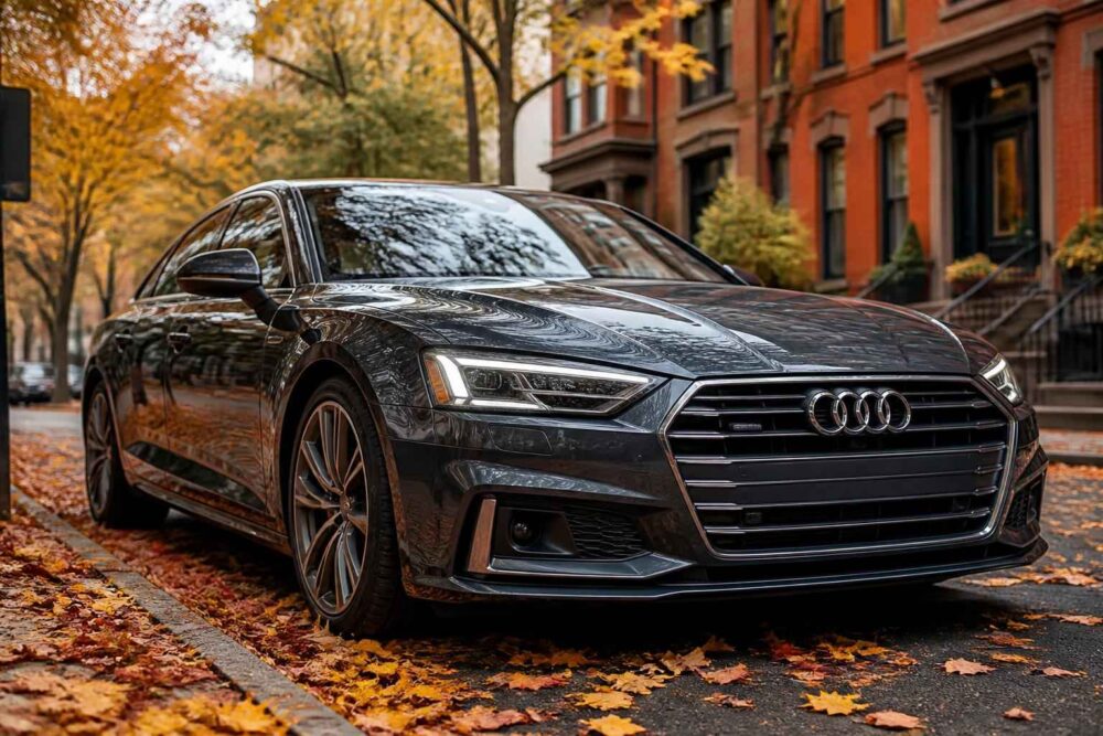 Czarny Audi A8 wśród jesiennych liści Czarny Audi A8 zaparkowany przy alei z jesiennymi drzewami i miejskimi kamienicami