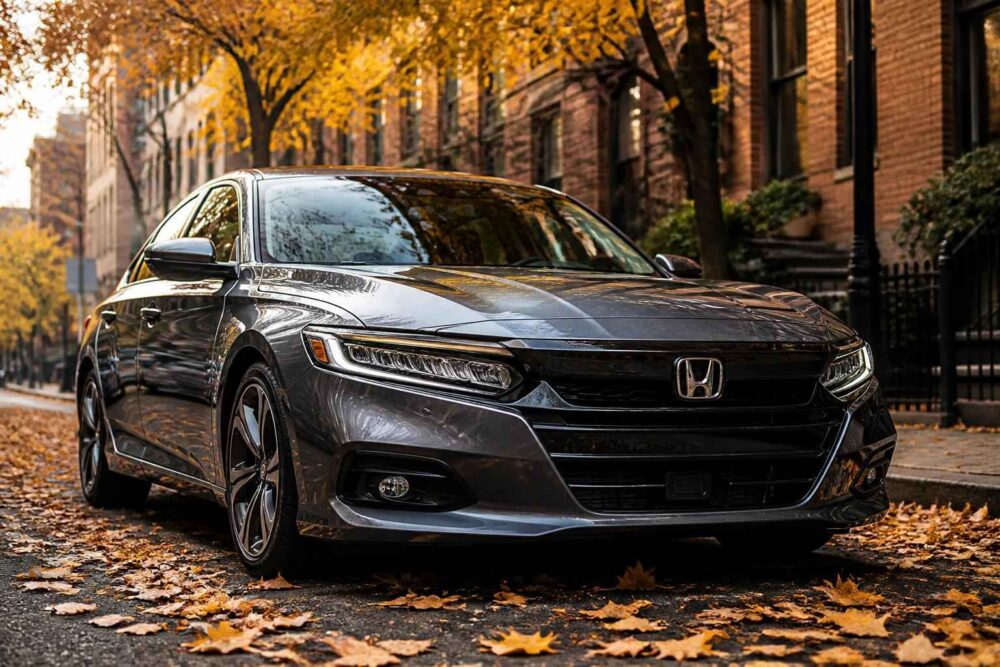 Szary Honda Accord zaparkowany przy ulicy wśród jesiennych liści i drzew w miejskiej zabudowie